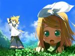  1boy 1girl arms_behind_head blonde_hair blush brother_and_sister child chinchickrin clover fang four-leaf_clover green_eyes hair_ornament hairclip ireland kagamine_len kagamine_rin open_mouth short_hair siblings sky tree twins vocaloid 