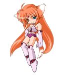  00s 1girl ahoge arf armor armored_boots blue_eyes blush boots clenched_hand collarbone floating gauntlets hand_on_hip kei_(fortune) looking_at_viewer lyrical_nanoha mahou_shoujo_lyrical_nanoha orange_hair revealing_clothes short_shorts shorts smile solo strapless thigh-highs thigh_boots tubetop 