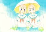  bad_id kuko original rain school_uniform serafuku siblings sisters traditional_media twins umbrella watercolor_(medium) 