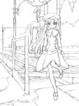  1girl amano_takumi amatsuka_urara baby_princess beret bridge dress hat leg_up long_hair looking_at_viewer monochrome pillar railing shore solo standing standing_on_one_leg very_long_hair water 