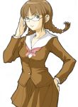  1girl adjusting_glasses akizuki_ritsuko artist_request braid brown_eyes brown_hair frown glasses grey_eyes idolmaster school_uniform serafuku short_twintails simple_background single_braid solo twin_braids twintails 