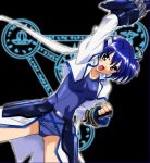  1girl afro_(junk_the_junky) blue_hair cropped_jacket green_eyes lyrical_nanoha mahou_shoujo_lyrical_nanoha mahou_shoujo_lyrical_nanoha_strikers one-piece_swimsuit revolver_knuckle school_swimsuit short_hair solo subaru_nakajima swimsuit swimsuit_under_clothes 