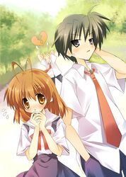  1girl 2boys antenna_hair blush broken_heart clannad embarrassed furukawa_nagisa heart multiple_boys okazaki_tomoya paco summer_uniform sunohara_youhei 