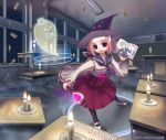  1girl black_legwear classroom desk hat highres magic naox original pantyhose school shoes short_hair skirt solo wand witch witch_hat 