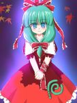  1girl autumn_leaves blue_background blue_eyes dress falling_leaves female frills front_ponytail green_hair kagiyama_hina looking_at_viewer own_hands_together puffy_short_sleeves puffy_sleeves red_dress ry shawl short_sleeves simple_background solo standing touhou v_arms wrist_cuffs 