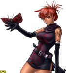 1girl bangs belt belt_buckle black_gloves breasts butterfly butterfly_on_hand closed_mouth cowboy_shot dark_skin dress earrings elbow_gloves feet_out_of_frame female gloves hei_feng jewelry kagami_hirotaka large_breasts omc red_eyes red_hair redhead scarf short_dress short_hair side_slit simple_background sleeveless sleeveless_dress solo tan tattoo tokyo_kaidan white_background