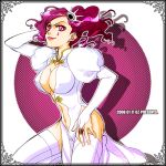  00s 1girl 2006 arm_up arrancar artist_name bleach breasts cirucci_sanderwicci cleavage cleavage_cutout dated dress erect_nipples facial_mark hair_ornament jewelry large_breasts lipstick lowres makeup navel_cutout no_bra oz_(invivi) puffy_sleeves purple_hair ring short_twintails side_slit smirk solo thigh-highs twintails violet_eyes watermark wavy_hair white_dress white_legwear 