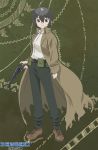  00s 1girl androgynous belt_pouch boots coat cocked_hammer gun handgun kino kino_no_tabi looking_at_viewer reverse_trap revolver short_hair solo torn_clothes weapon 