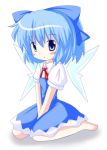  1girl barefoot blue_eyes blue_hair blush_stickers bow cirno dress female hair_bow r_pascal sitting solo the_embodiment_of_scarlet_devil touhou wings 