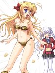  &gt;_&lt; bandeau_bikini bikini blonde_hair blue_eyes closed_eyes cosplay fortune_arterial horns lum lum_(cosplay) mamemaki masakichi_(crossroad) oni pantyhose school_uniform sendou_erika serafuku setsubun swimsuit tiger_print tougi_shiro urusei_yatsura white_legwear 