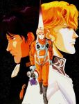  3boys blonde_hair ginga_eiyuu_densetsu helmet julian_mintz lowres male_focus multiple_boys pilot_suit reinhard_von_lohengramm space star yang_wen-li 