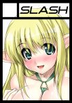  1girl black_border blonde_hair blue_eyes blush border circle_cut elf long_hair lowres mitsurugi_aoi pointy_ears smile solo tiffania_westwood zero_no_tsukaima 