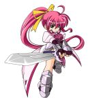  1girl armor armored_boots boots dress green_eyes hair_ribbon holding holding_sword holding_weapon juliet_sleeves kei_(fortune) knee_boots levantine long_hair long_sleeves looking_at_viewer lyrical_nanoha mahou_shoujo_lyrical_nanoha mahou_shoujo_lyrical_nanoha_a&#039;s pink_hair ponytail puffy_sleeves ribbon signum solo sword unsheathed very_long_hair weapon white_dress 