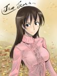  1girl autumn_leaves black_eyes breasts brown_hair closed_mouth copyright_name cosaten large_breasts long_hair long_sleeves looking_at_viewer looking_back outdoors smile solo sweater true_tears upper_body yuasa_hiromi 