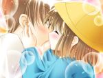  1boy 1girl blouse blush bubble closed_eyes game_cg hat kiss louis&amp;visee school_hat surprised tail_tale 