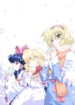  3girls alice_margatroid apron bare_shoulders blonde_hair book bow bread capelet closed_eyes detached_sleeves drink eating female food grimoire hair_bow hair_tubes hairband hakurei_reimu highres kirisame_marisa long_sleeves multiple_girls red_bow red_scarf ribbon-trimmed_sleeves ribbon_trim scarf short_hair simple_background snowing takana_shinno touhou white_background yellow_eyes 