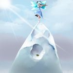  1girl chirigami-san cirno female frog ice light_rays outstretched_arms shoot_the_bullet solo standing standing_on_one_leg sunbeam sunlight touhou wings 
