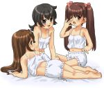  3girls :d :o back bangs bare_shoulders barefoot bed_sheet black_eyes black_hair bloomers blush body_blush brown_eyes brown_hair camisole child collarbone crop_top ears eyebrows eyebrows_visible_through_hair feet female full_body hair_between_eyes hair_ribbon halterneck hands highres kasuga39 kneeling kneepits legs long_hair looking_at_viewer looking_back lying matching_hair/eyes midriff multiple_girls navel on_side one_eye_closed open_mouth original profile ribbon shiny shiny_hair shiny_skin short_hair simple_background sitting smile soles toes twintails underwear wallpaper white_background wink yawning 