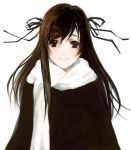  1girl brown_eyes brown_hair long_hair ribbon scarf simple_background solo 