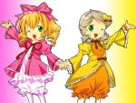  2girls blonde_hair bow hand_holding hina_ichigo kanaria michii_yuuki multiple_girls one_eye_closed parody pink_bow rozen_maiden wink 