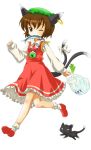  1girl :3 animal_ears bag brown_eyes brown_hair cat cat_ears cat_tail chen dress earrings female fish full_body groceries hat jewelry michii_yuuki mouth_hold multiple_tails ribbon short_hair simple_background solo spring_onion tail tail_ribbon touhou white_background wink 
