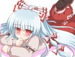 1girl armlet bangs blunt_bangs blush buckle eyebrows eyebrows_visible_through_hair feet_up female fujiwara_no_mokou loafers long_sleeves looking_at_viewer lying ofuda on_stomach pants red_eyes ry shoe_soles shoes simple_background solo suspenders touhou white_background 