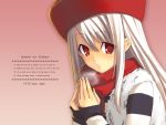  1girl character_name copyright_name fate/stay_night fate_(series) german hat illyasviel_von_einzbern long_hair pink_background red_eyes red_hat red_scarf scarf solo wallpaper white_hair 