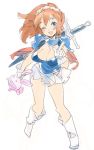  1girl blue_eyes boots gloves nishieda one_eye_closed orange_hair simple_background solo stuffed_toy sword weapon wink 