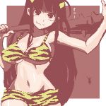  1girl bangs bikini black_hair breasts hime_cut holding holding_weapon horns large_breasts long_hair looking_at_viewer lowres mace monochrome navel oekaki oni smile solo swimsuit tiger_print weapon 