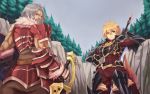  29_(artist) 2boys armor blonde_hair facial_hair fantasy fur_trim gauntlets grey_hair looking_back multiple_boys mustache nature original outdoors short_hair sky standing sword tree weapon 