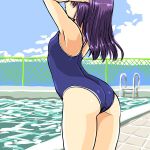  1girl armpits arms_up ass bad_id chain-link_fence dd_(ijigendd) fence long_hair one-piece_swimsuit original outdoors pool pool_ladder poolside purple_hair saki school_swimsuit solo swimsuit 