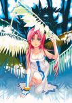  1girl alternate_hairstyle amano_kozue aria arm_up armpits bare_shoulders breasts cleavage collarbone dress fingerless_gloves forest gloves green_eyes long_hair looking_at_viewer mizunashi_akari nature official_art outdoors palm_tree pink_hair plant side_slit single_glove solo tree white_dress 