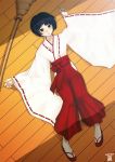  1girl broom hakama japanese_clothes lying mahito miko on_back on_floor original red_hakama short_hair solo tabi wooden_floor 