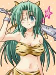  1girl bikini breasts club green_eyes green_hair higurashi_no_naku_koro_ni horns kanabou large_breasts lowres one_eye_closed oni setsubun solo sonozaki_mion sonozaki_shion spiked_club swimsuit tiger_print toshihiro weapon wink 