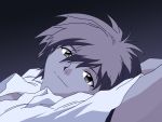  1boy arms_up collared_shirt dress_shirt highres looking_at_viewer lying male_focus monochrome nagisa_kaworu neon_genesis_evangelion on_back purple shirt short_sleeves smile solo upper_body vector_trace 