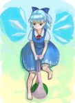  1girl cirno dress female food fruit full_body gradient gradient_background solo the_embodiment_of_scarlet_devil touhou watermelon wings 