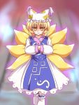  1girl blonde_hair female fox_tail hands_in_sleeves hat multiple_tails ry short_hair solo tail touhou yakumo_ran yellow_eyes 