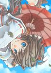  1girl blue_eyes japanese_clothes leaf oriental_umbrella original shabon solo umbrella umbrella_riding 