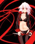  1girl black_bra black_panties bra breasts cleavage collarbone eyebrows eyebrows_visible_through_hair female izayoi_sakuya jacket long_sleeves looking_at_viewer midriff navel open_clothes open_jacket panties red_eyes scarlet_(studioscr) short_hair silver_hair solo stomach touhou underwear undressing 