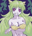  1girl bandeau bikini_top blue_skin breast_hold breasts cleavage crazy_eyes demon_girl fangs green_hair grin horns large_breasts long_hair lowres lum navel oekaki oni pointy_ears smile solo strapless tiger_print tubetop urusei_yatsura very_long_hair violet_eyes 