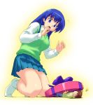  1boy 1girl :o accident blue_hair blush crush crushing feet footwear giantess gift kneeling long_hair miniboy original pleated_skirt school_uniform size_difference skirt socks stuck sweatdrop sweater teston tinyman valentine violet_eyes wince 