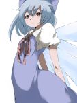  1girl :o arms_behind_back blue_dress blue_eyes blue_hair blush bow cirno dress female hair_bow neck_ribbon ribbon simple_background solo the_embodiment_of_scarlet_devil touhou wings 
