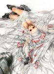  1girl alternate_costume archlich armor boots breasts cleavage cyborg female fujiwara_no_mokou hair_ribbon jewelry long_hair lying necklace red_eyes ribbon silver_hair solo touhou 