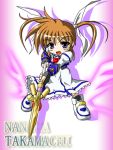  1girl :o blue_gloves bow bowtie character_name chibi dress fingerless_gloves gloves holding holding_weapon long_sleeves looking_at_viewer lyrical_nanoha magical_girl mahou_shoujo_lyrical_nanoha mahou_shoujo_lyrical_nanoha_strikers open_mouth polearm raising_heart red_bow red_bowtie shoes solo spear standing takamachi_nanoha twintails weapon white_dress winged_shoes wings 