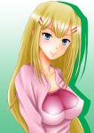  1girl blonde_hair breasts collarbone face green_background green_eyes gundam gundam_00 hair_ornament hairclip kishida-shiki large_breasts long_hair looking_at_viewer louise_halevy pink_shirt shirt simple_background skin_tight solo very_long_hair 