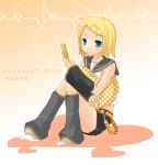  1girl arm_warmers bangs belt black_shorts blonde_hair blouse blue_eyes blush cellphone closed_mouth full_body gradient gradient_background hair_ornament hairclip heart heart_of_string heart_pillow heartbeat holding holding_phone kagamine_rin leg_warmers phone pillow polka_dot ribbon sailor_collar short_hair shorts sitting sleeveless smile solo swept_bangs tamura_hiro vocaloid white_blouse yellow_ribbon 