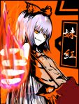  1girl blank_eyes bow e.x.on evil female fire flat_chest fujiwara_no_mokou hair_bow long_hair long_sleeves looking_at_viewer midriff navel nipples no_pupils orange_background orange_bow orange_eyes pants silver_hair simple_background solo stomach suspenders topless touhou very_long_hair 