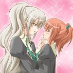  2girls aoi_nagisa blush chin_grab hanazono_shizuma lowres multiple_girls shiumai strawberry_panic! yuri 