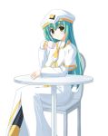  1girl alice_carroll aqua_hair aria blush capelet cup dress green_eyes holding long_hair long_sleeves looking_at_viewer odaya odayan pantyhose robe sidelocks simple_background solo table teacup very_long_hair white_background white_dress 