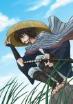  1boy bags_under_eyes death_note food japanese_clothes jpeg_artifacts l_(death_note) male_focus shachihiko_(nabe_project) solo sword weapon 